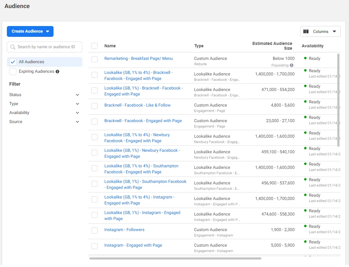 Meta paid social ad audience list